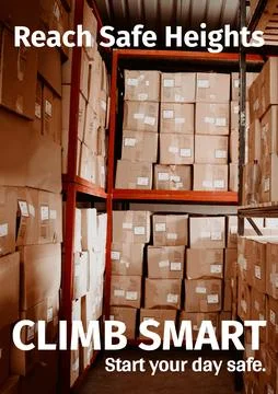 Composite of climb smart reach safe heights text over stack of boxes in Stock Illustration