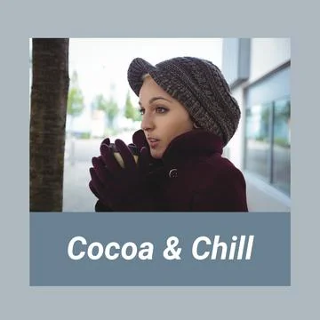 Composite of coca and chill text over caucasian woman in wam winter clothes Foto stock