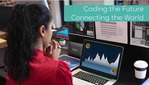 Composite of coding the future, connecting the world text over businesswoman 스톡 사진