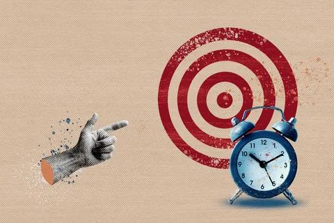 Composite collage hand finger pointer points to target Stock Photos