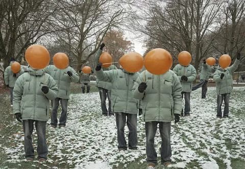 Composite collage image many men with orange balloons instead of heads isol.. Stock Photos