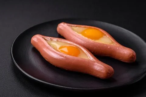 Composite concept of fried eggs inside a cut sausage with spices Stock Photos