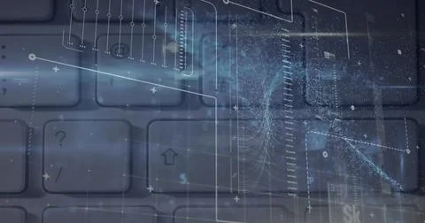 Composite of connected dots forming abstract pattern over computer keyboard, Stock Illustration