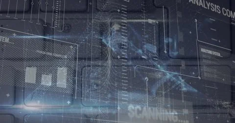 Composite of connected dots forming abstract pattern with text over computer Stock Illustration