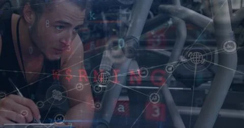 Composite of cyber attack warning text and data processing over man exercising Stock Photos