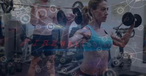 Composite of cyber attack warning text and data processing over woman and man Stock Photos