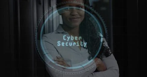 Composite of cyber security text over african american female it technician by Stock Photos