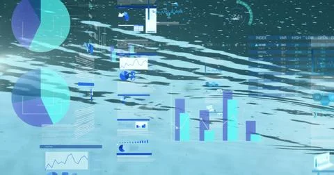 Composite data dashboard floating over virtual water surface, with pie charts 스톡 사진