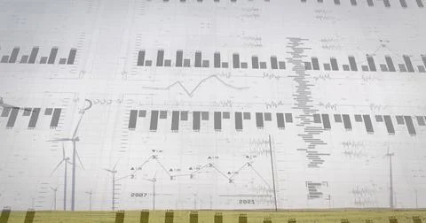 Composite data visualization overlaying rural energy site, with wind turbines, Fotos de archivo