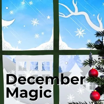 Composite of december magic text over snowy winter landscape background Stock Illustration