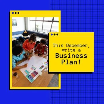 Composite of this december, write a business plan text and multiracial coworker 스톡 사진