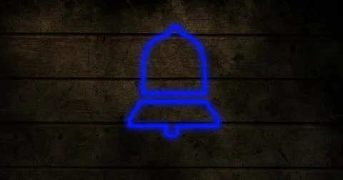 Composite of digital blue notification bell icon glowing against wooden wall, Stock Photos