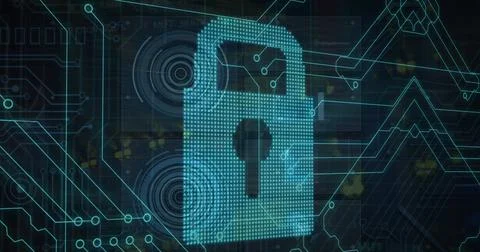 Composite of dots forming padlock, circle and circuit board pattern over Stock Illustration