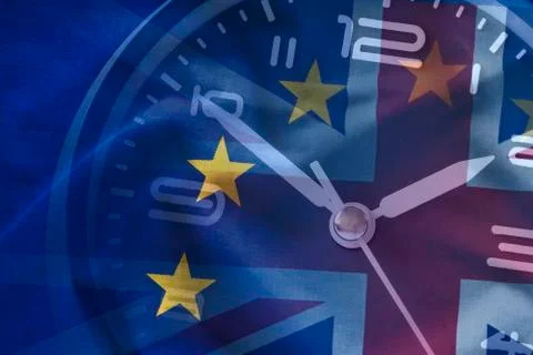 Composite of the EU and British flags with a clock Stock Photos