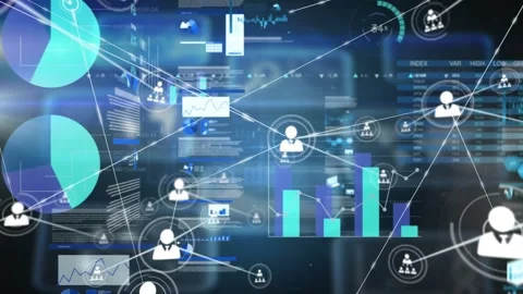 Composite financial charts in blue or black interface for market analysis. Stock Footage 330105508