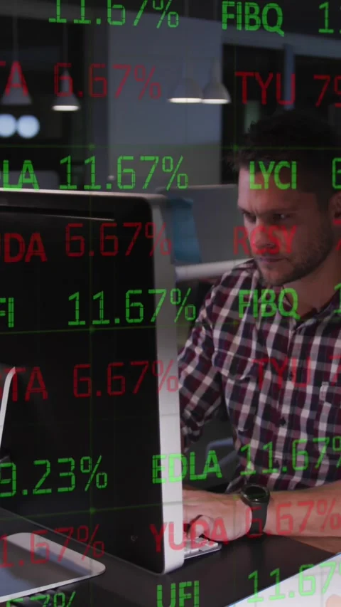 Composite of financial data processing over businessman using computer in office Stock Footage 343996009