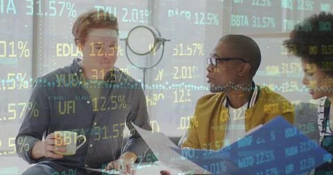 Composite of financial data processing over diverse business people in office Stock Photos