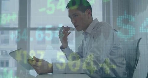 Composite of financial data processing over asian businessman using smartphone Stock Photos