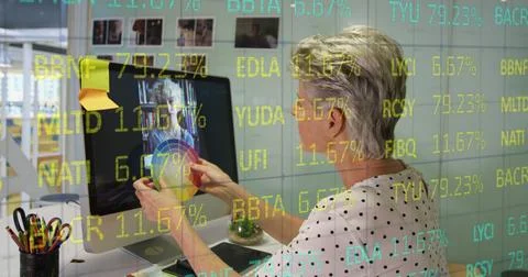 Composite of financial data processing over businesswoman using computer in Stock Photos
