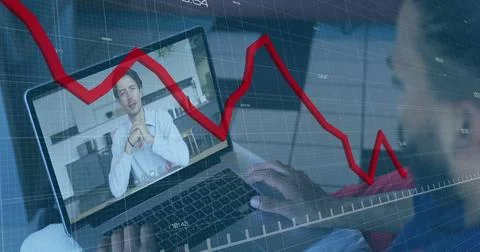 Composite of financial data processing over diverse business people on laptop Stock Photos