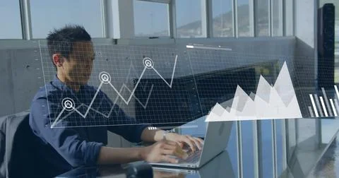 Composite of financial data processing over asian businessman using laptop Stock Photos