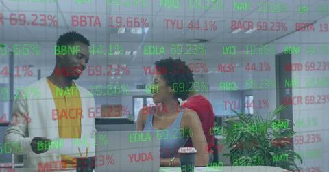 Composite of financial data processing over diverse business people in office Stock Photos