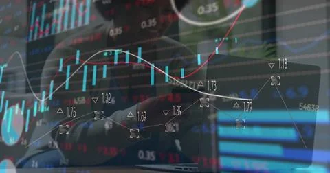 Composite of financial data processing over african american businesswoman using Stock Photos