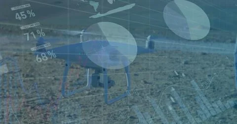 Composite financial data processing over drone Stock Photos