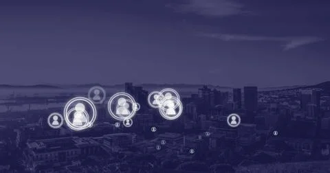 Composite of floating profile icons over drone short of cityscape against clear Ilustração Stock