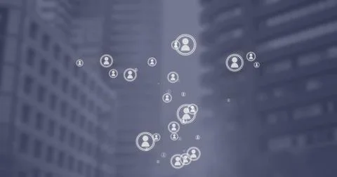 Composite of floating profile icons over modern skyscrapers in city, copy space Ilustração Stock