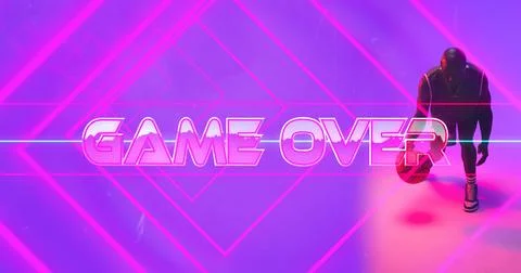 Composite of game over text with pink lines and bald african american player Stock Photos