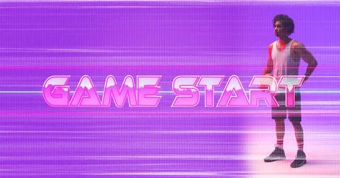 Composite of game start text with glitch technique over biracial male player 스톡 사진