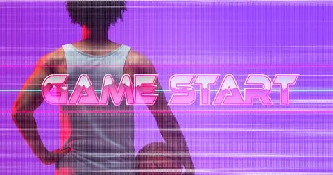 Composite of game start text with glitch technique over rear view of biracial 스톡 사진