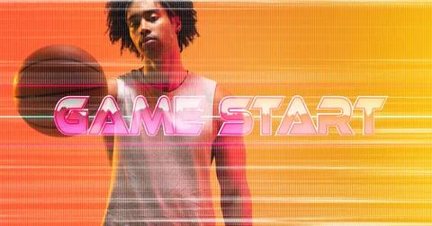 Composite of game start text with glitch technique over male biracial player 스톡 사진