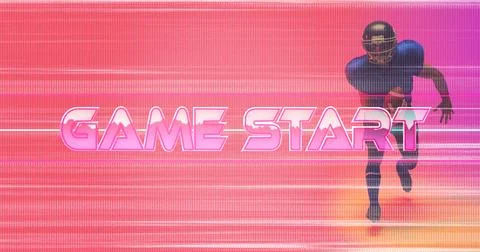 Composite of game start text with glitch technique and american football player 스톡 사진