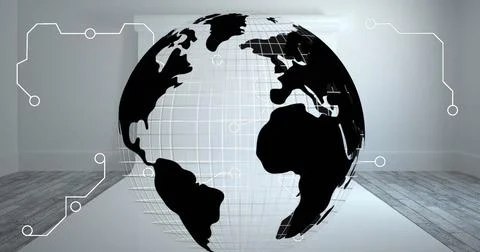 Composite of graphical globe with grid and circuit board pattern against white Illustrazione stock