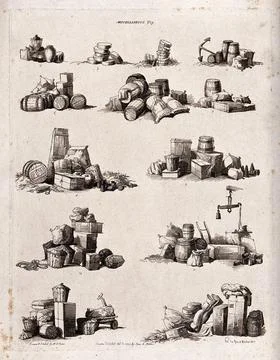 Composite heads: a hatter, a cooper, a blacksmith and a joiner made of thei.. Stock Illustration