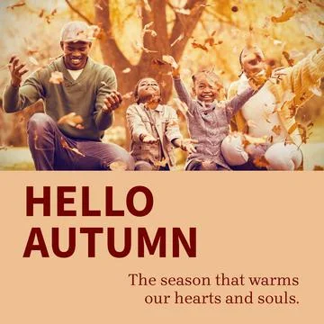 Composite of hello autumn text over african american couple with son and Fotos Stock