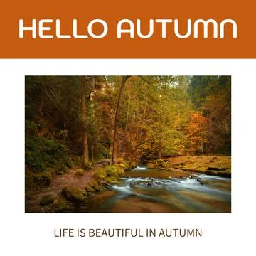 Composite of hello autumn text over autumn trees and stream Stock Photos