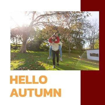 Composite of hello autumn text over happy caucasian couple in autumn park Fotos Stock