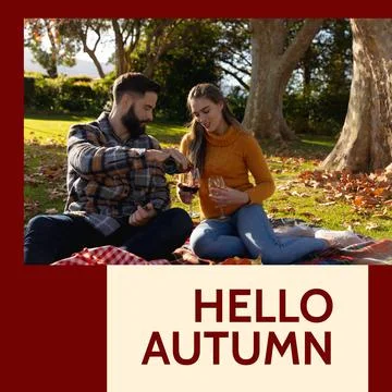 Composite of hello autumn text over caucasian couple having drink in autumn park Fotos Stock