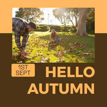 Composite of hello autumn text over caucasian couple in autumn park Fotos Stock
