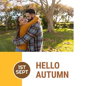 Composite of hello autumn text over caucasian couple in autumn park Fotos Stock