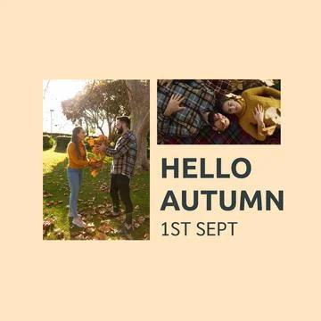 Composite of hello autumn text over caucasian couple in autumn park Fotos Stock