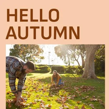 Composite of hello autumn text over happy caucasian couple in autumn park Fotos Stock