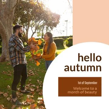 Composite of hello autumn text over happy caucasian couple in autumn park Fotos Stock