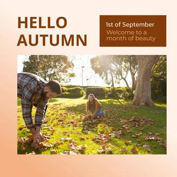 Composite of hello autumn text over happy caucasian couple in autumn park Fotos Stock