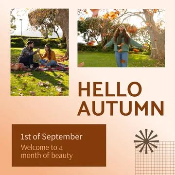 Composite of hello autumn text over happy diverse couple in autumn park Fotos Stock