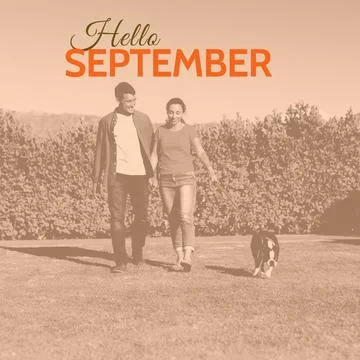 Composite of hello september text over caucasian couple with dog in garden Fotos Stock