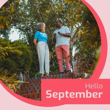 Composite of hello september text over biracial couple in garden Fotos Stock